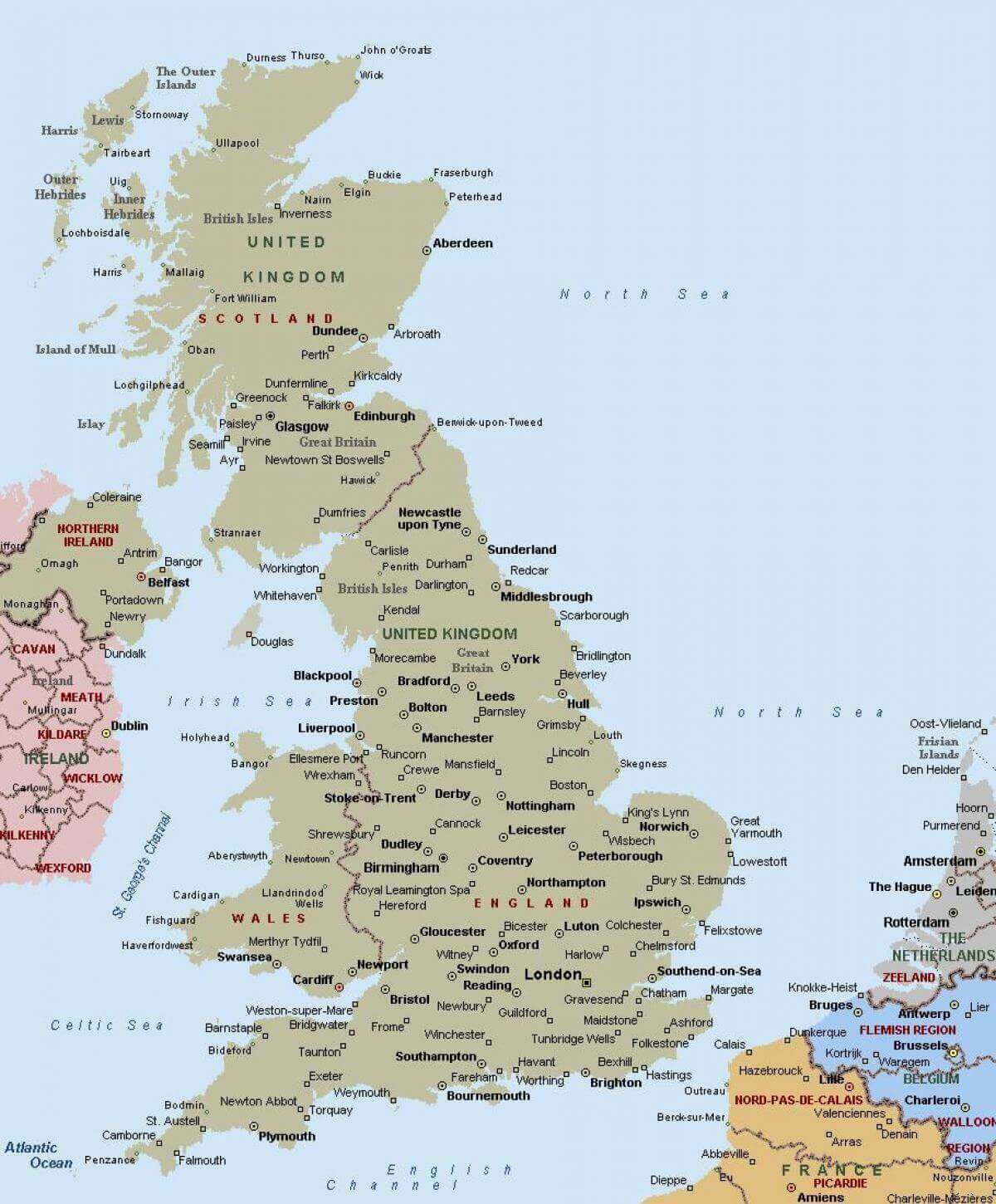 Detailed map of United Kingdom with cities